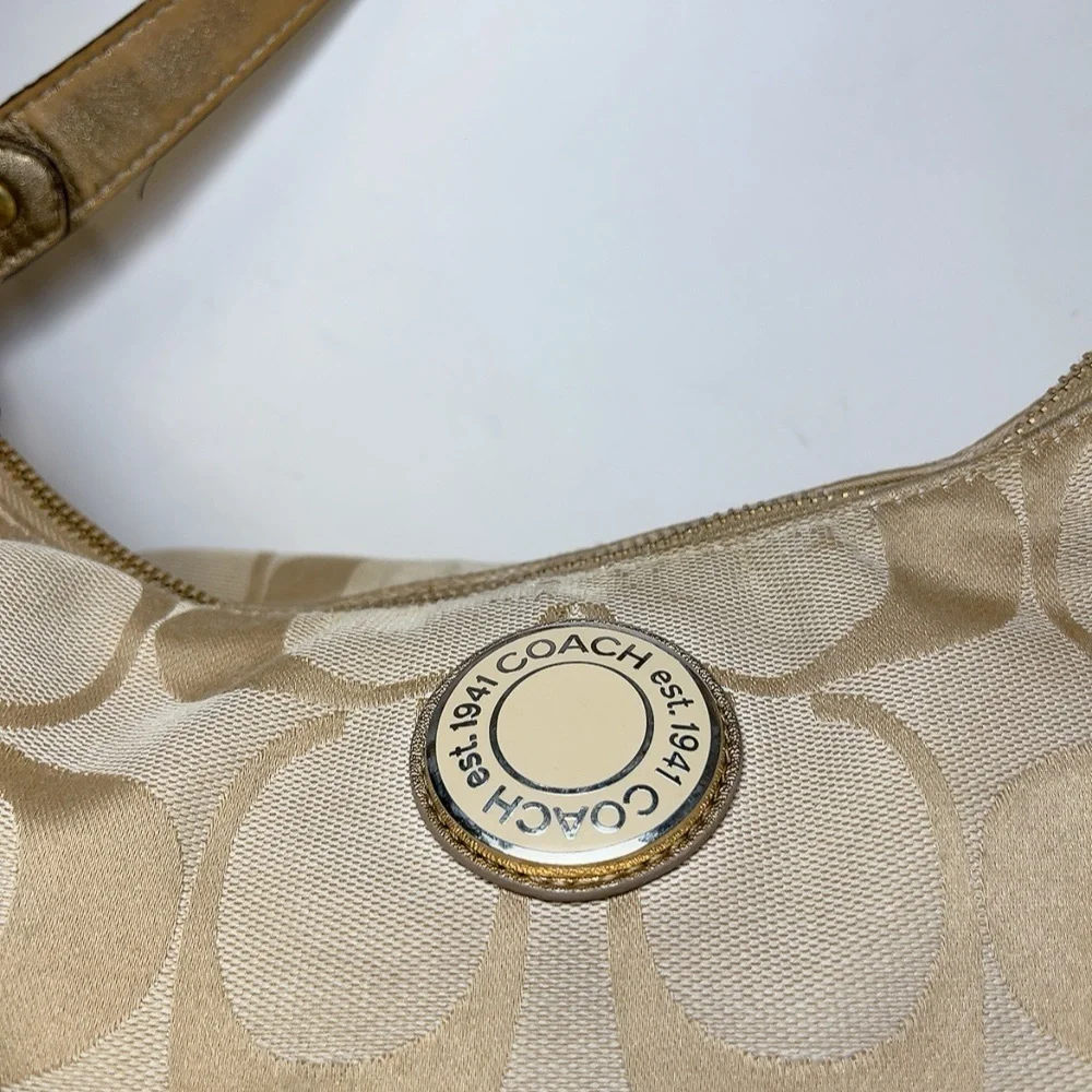 Coach Womens Canvas Stripe Patch Hobo Tan Shoulder Bag